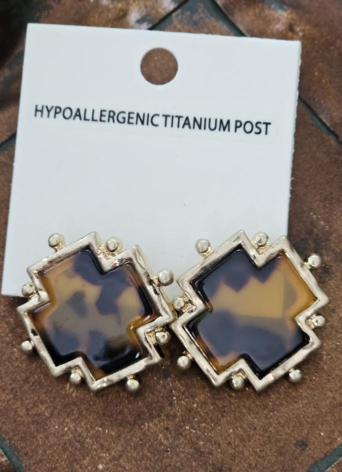 Dotted Cross Acetate Earrings, Tortoise/Gold