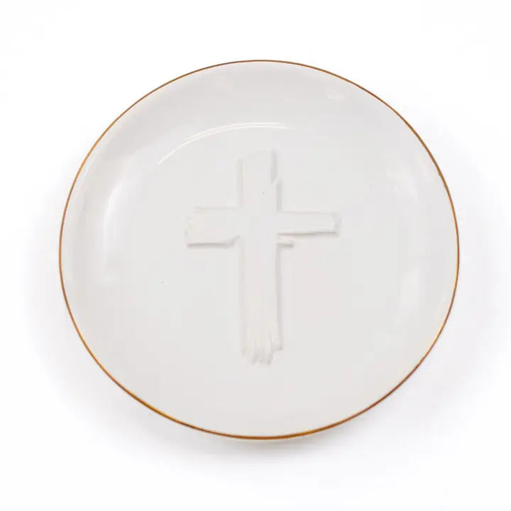 Cross Embossed Trinket Dish White 4"x4"