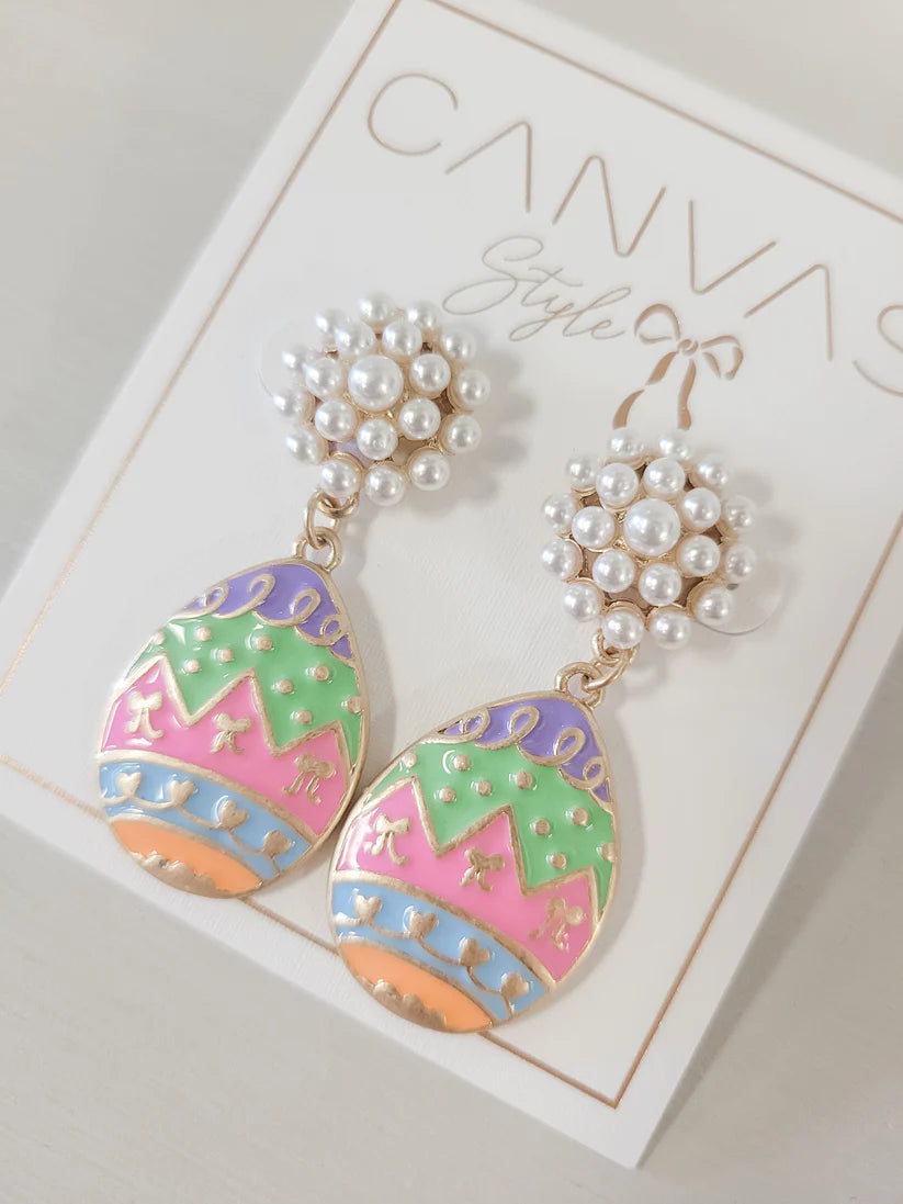 Canvas Easter Egg Pearl Cluster and Enamel Earrings