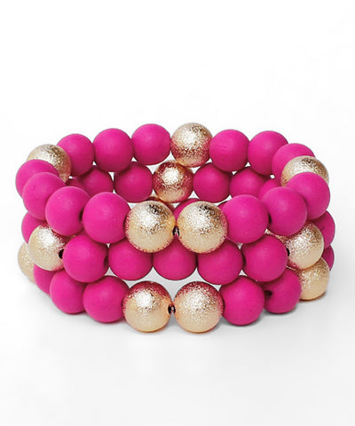 3 Wood & CCB Bracelets Fuchsia/Gold