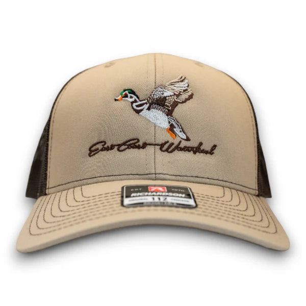 East Coast Waterfowl Embroidered Woodie Logo Snapback Hat- Khaki/Coffee
