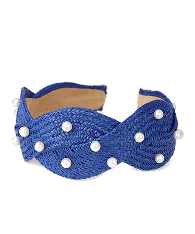 Pearl Stud Braided Rattan Headband, Royal Blue