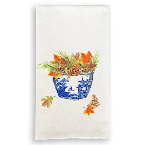 Blue & White Bowl with Fall Leaves Dishtowel