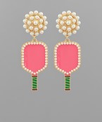Pickleball & Pearl PomPom Drop Earrings