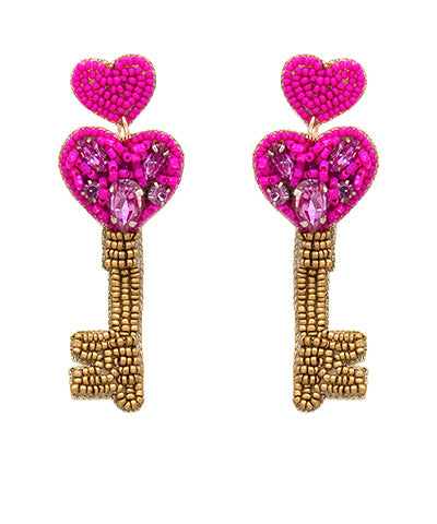 Heart Key Beads Drop Earrings, Fuchsia