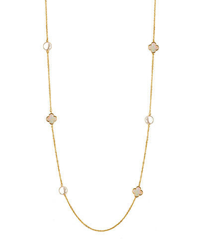 Pearl & Shell Clover Station Necklace- Gold