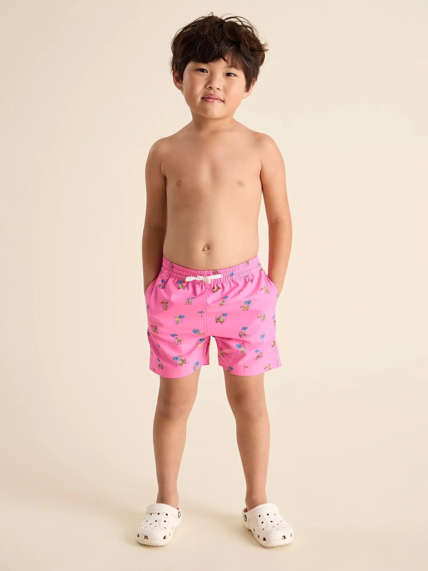 Chubbies The Dino Racers Toddler Classic Swim Trunk, Pink Dinosaur Palms