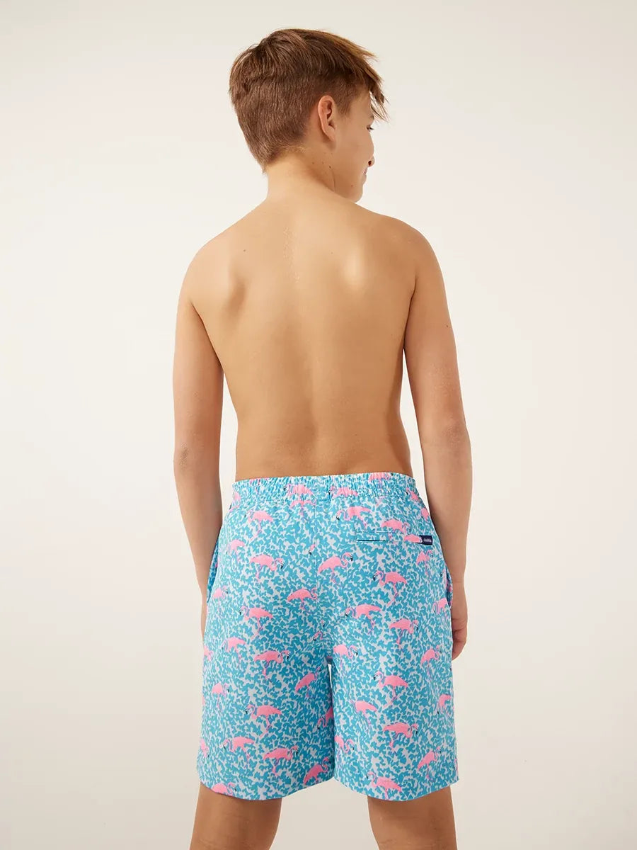 Chubbies The Domingos Are For Flamingos Boys Classic Swim Trunk, Blue Spot with Flamingos