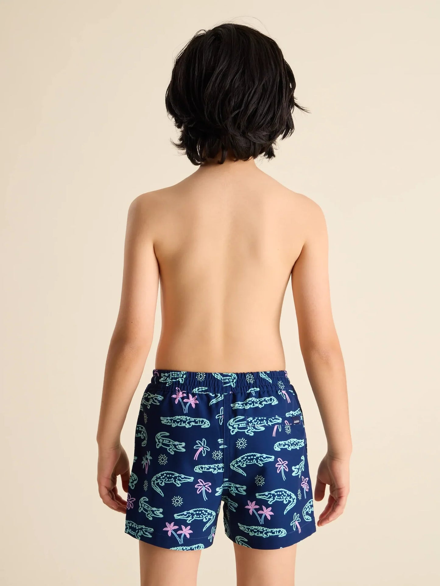 Chubbies The Neon Glades Boys Lined Classic Swim Trunk | Shorter, Navy Alligator/Pink Triangle Liner