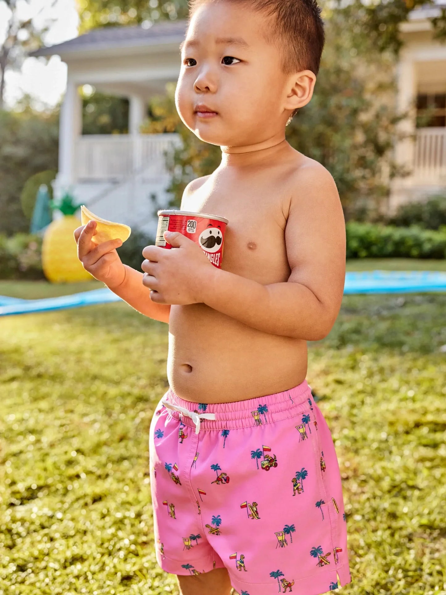 Chubbies The Dino Racers Toddler Classic Swim Trunk, Pink Dinosaur Palms