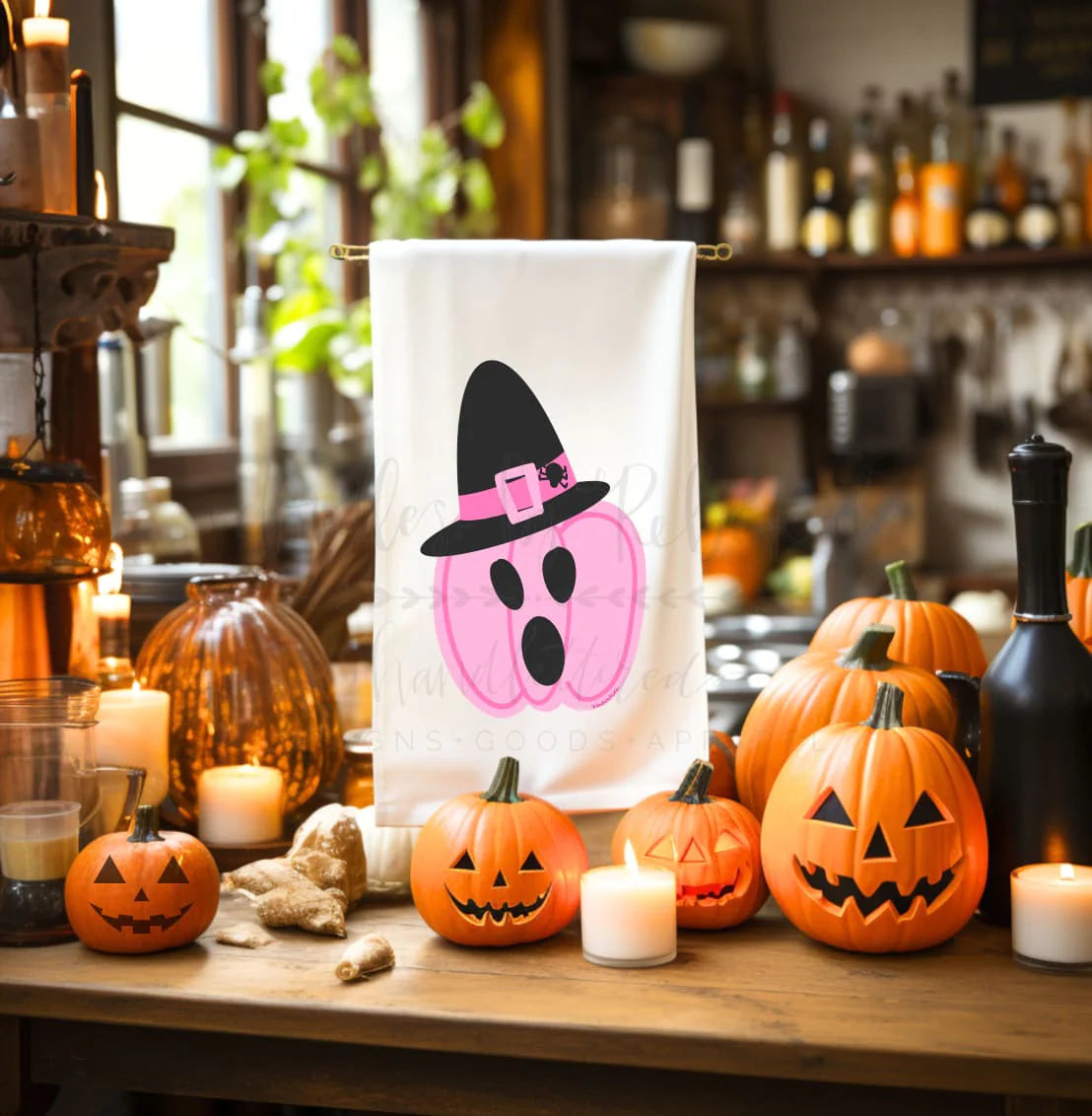 Pink Jack O Lantern Tea Towel