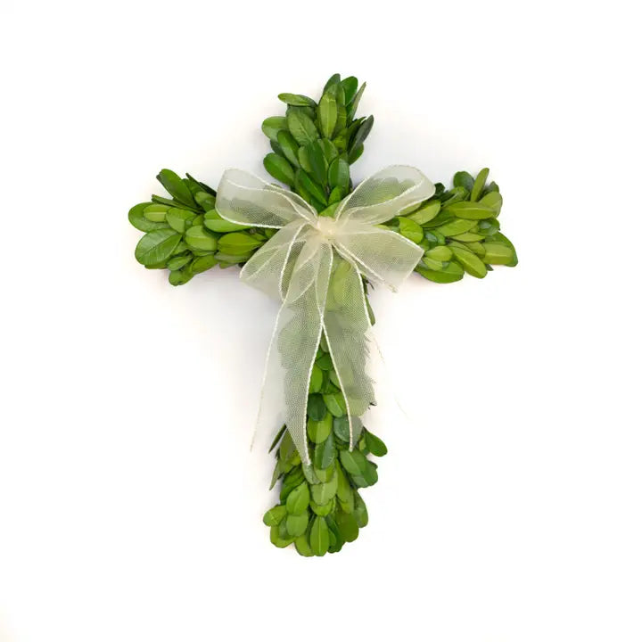 Preserved Boxwood Mini Cross with Ribbon