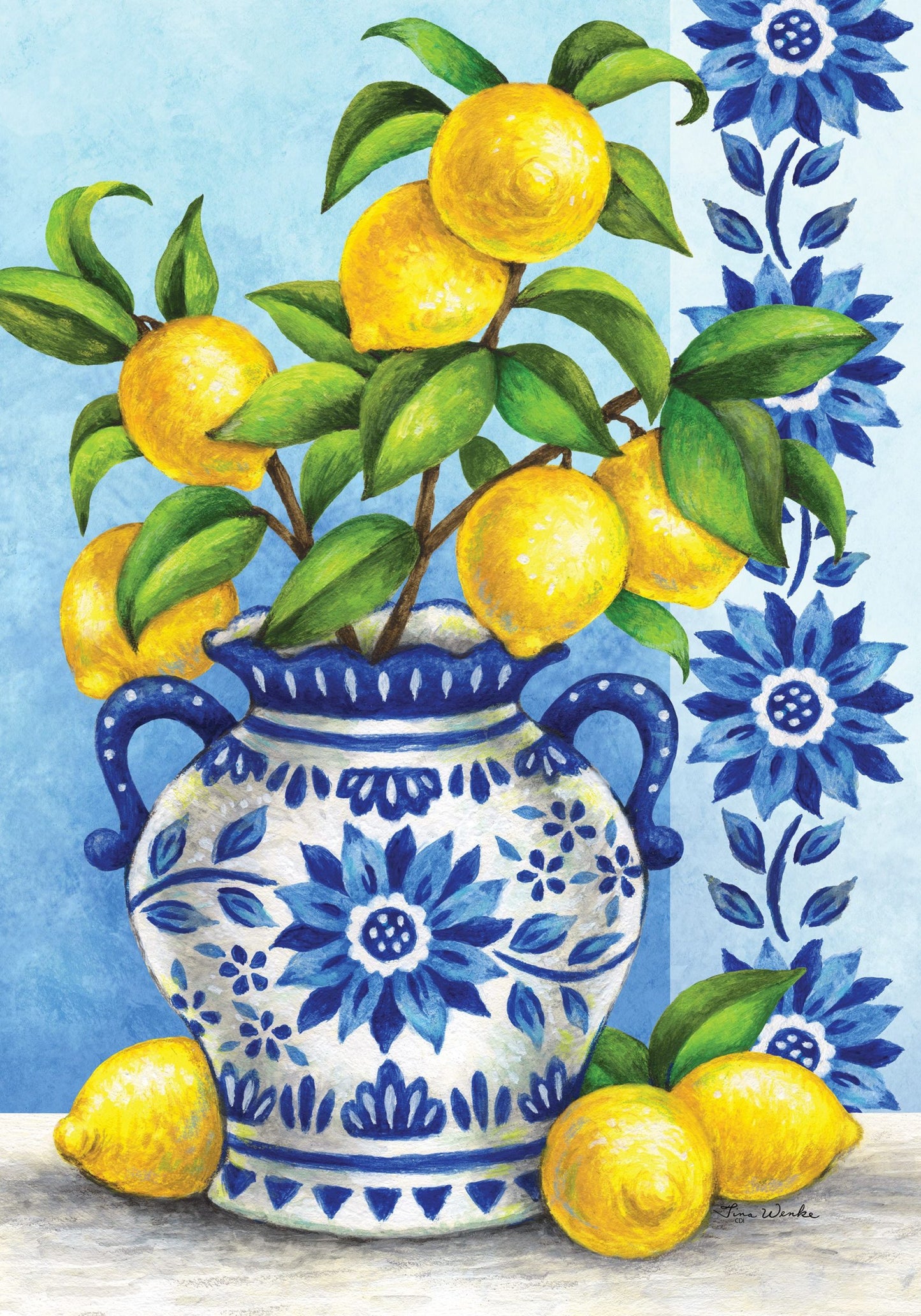 Blue Willow & Lemons Flag 12" x 18"