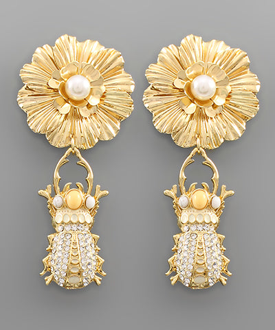 Crystal Bug Flower Earrings