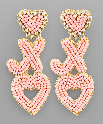 XO Heart Bead Earrings Pink