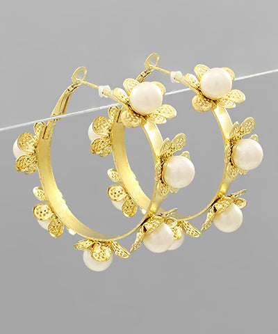 Pearl Flower Trimmed Hoops Earrings