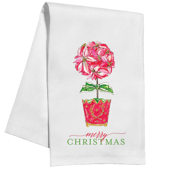 Merry Christmas Holiday Poinsettia Topiary Kitchen Towel