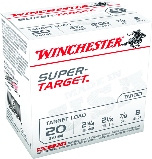 Winchester TRGT208 Super-Target Shotshell 20 GA, 2-3/4 in, No. 8, 7/8oz, 2-1/2 Dr, 1200 fps, 25 Rnd per Box