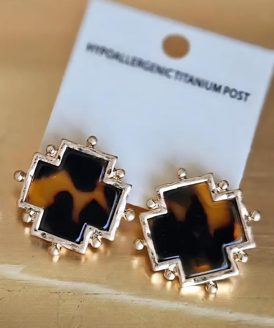 Dotted Cross Acetate Earrings, Tortoise/Gold