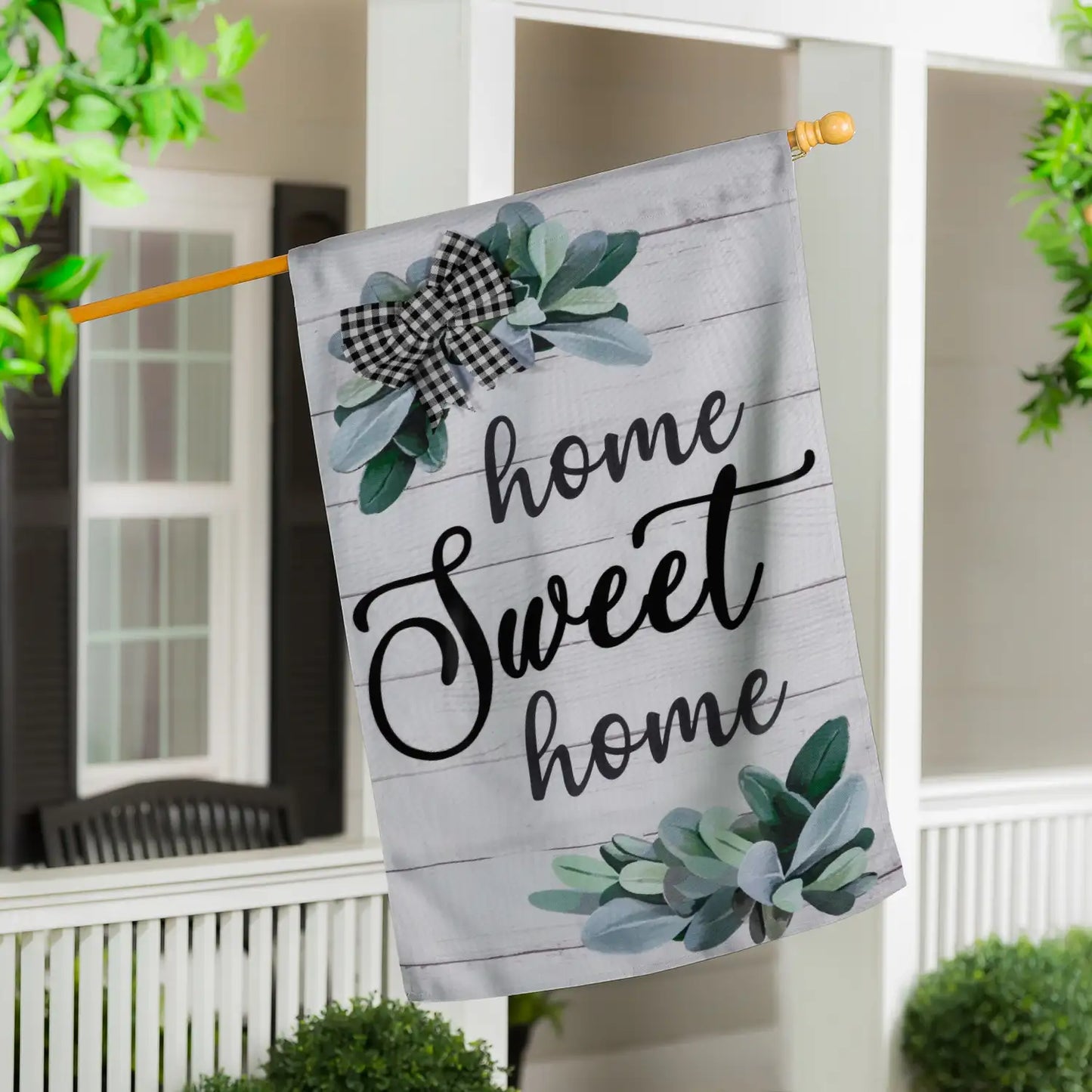 Evergreen Home Sweet Home Eucalyptus House Burlap Flag