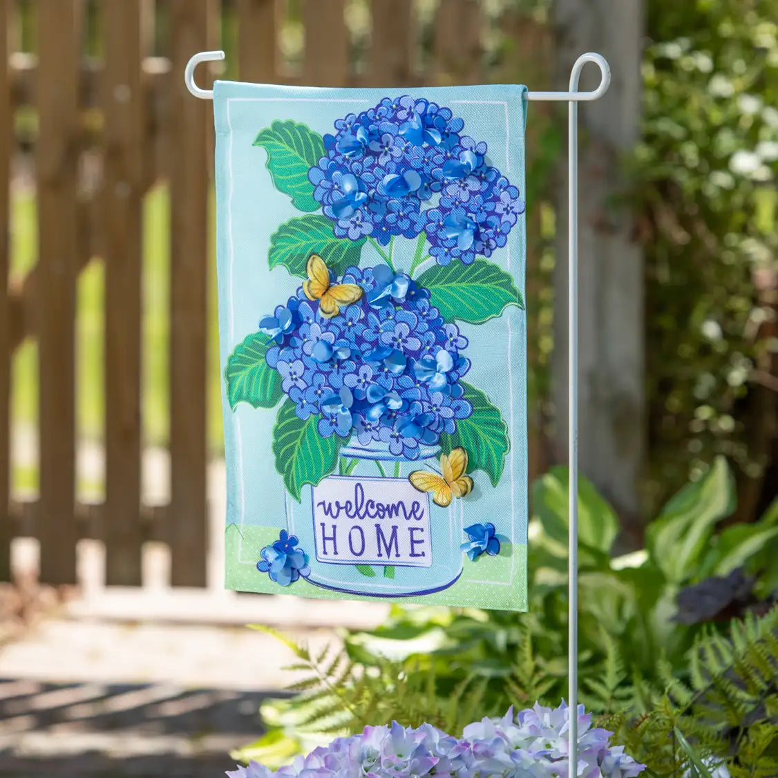 Evergreen Welcome Home Hydrangeas Burlap Garden Flag