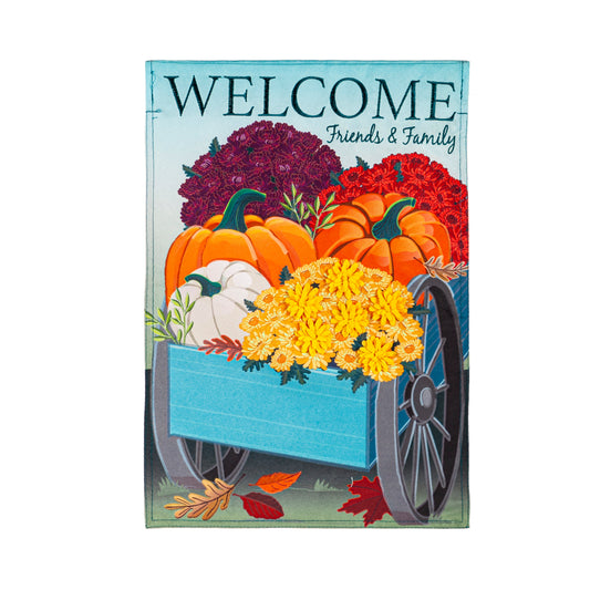 Flowers and Pumpkin Wagon Garden Linen Flag