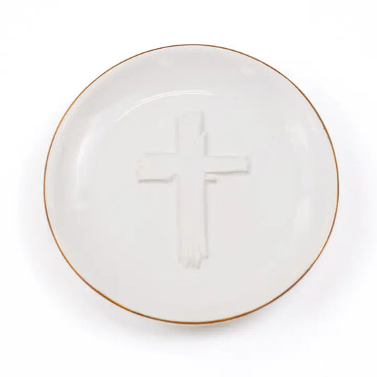 Cross Embossed Trinket Dish White 4"x4"