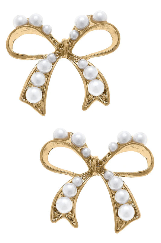 Canvas Harper Pearl-Studded Bow Stud Earrings in Ivory