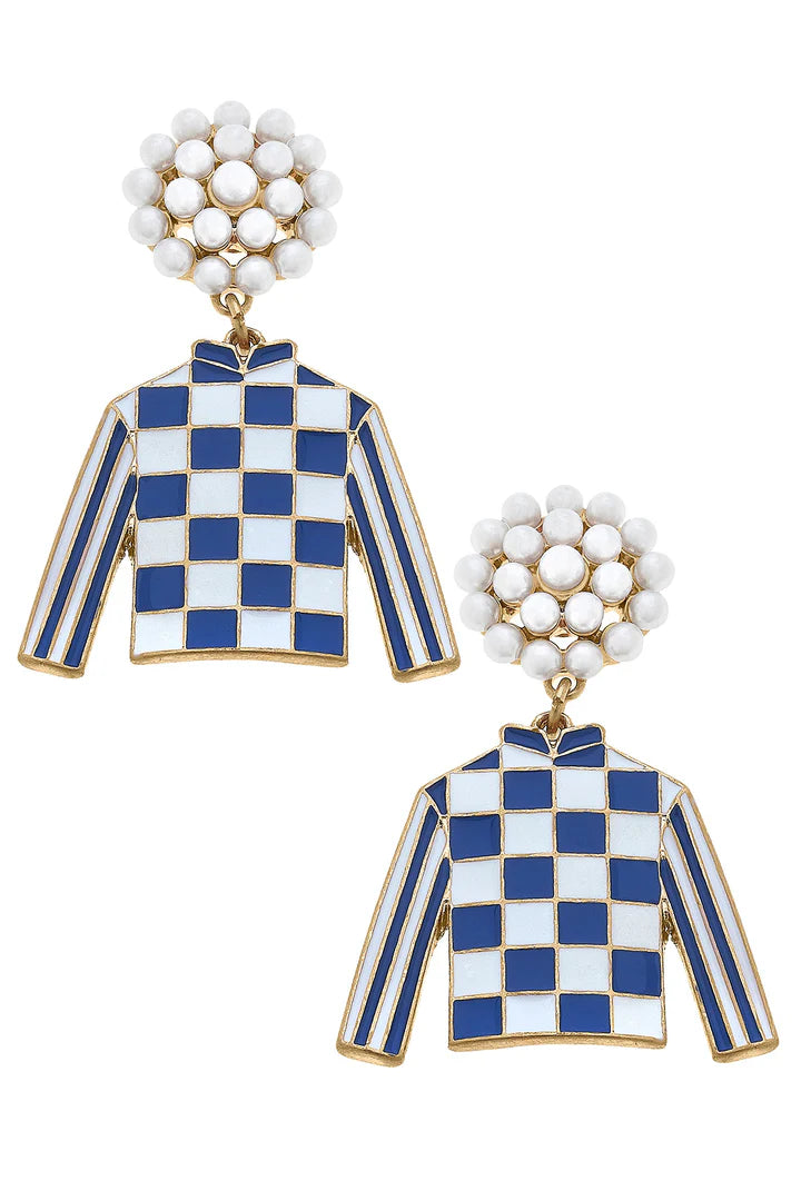 Canvas Blue Jockey Silk Enamel Drop Earrings in Blue & White