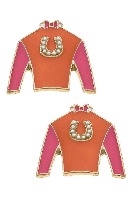 Canvas Riva Ridge Jockey Silk Enamel Stud Earrings, in Orange & Pink