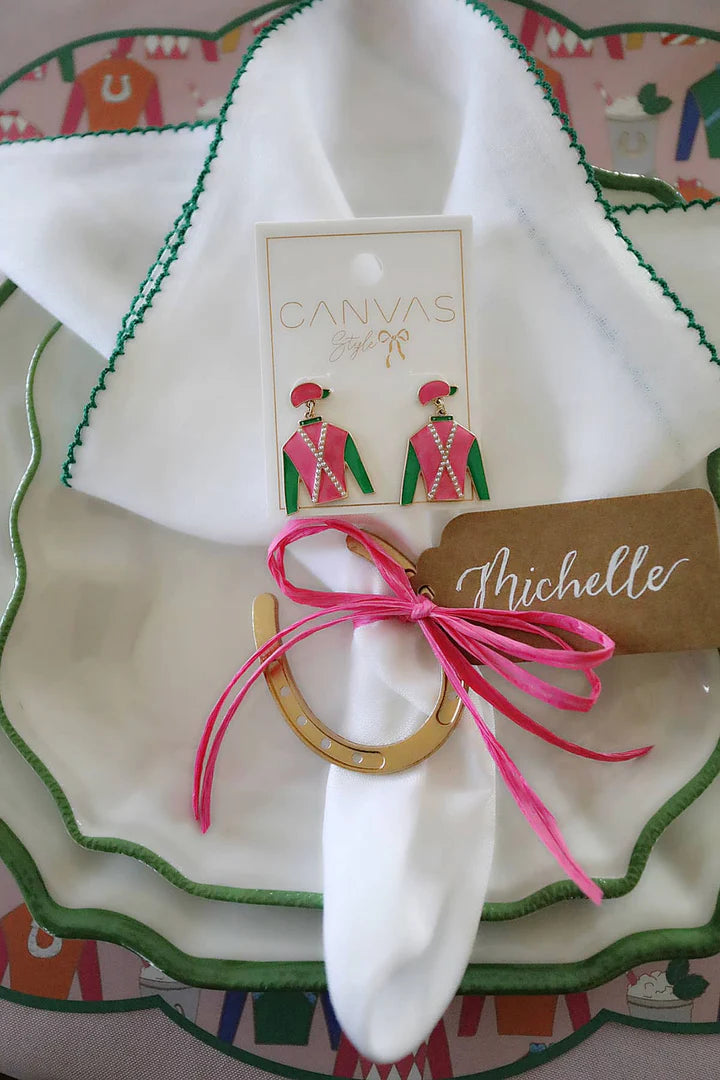 Canvas Justify Jockey Silk Enamel Drop Earrings in Pink & Green