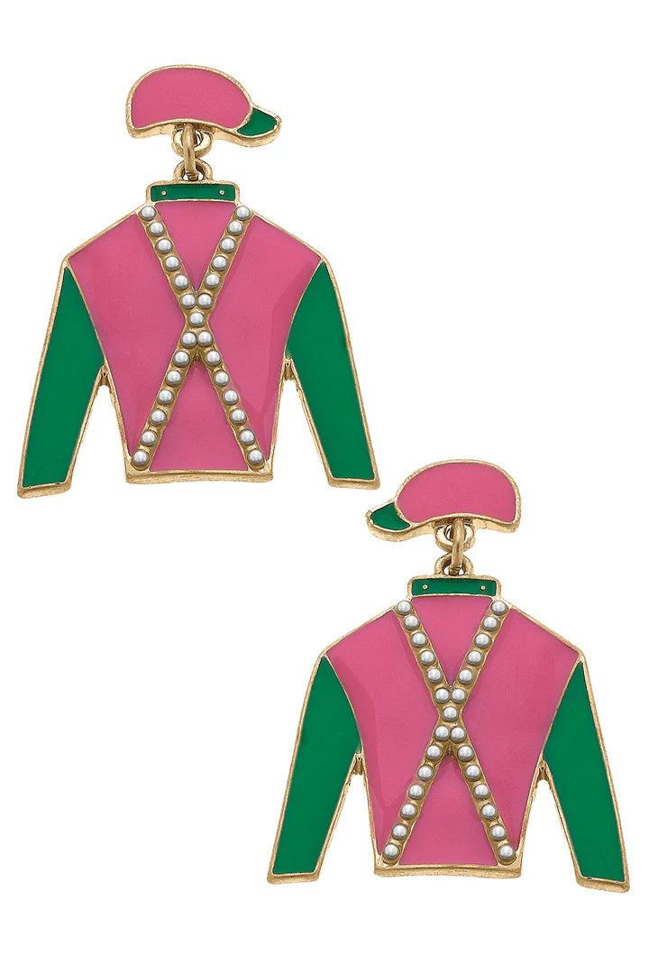 Canvas Justify Jockey Silk Enamel Drop Earrings in Pink & Green