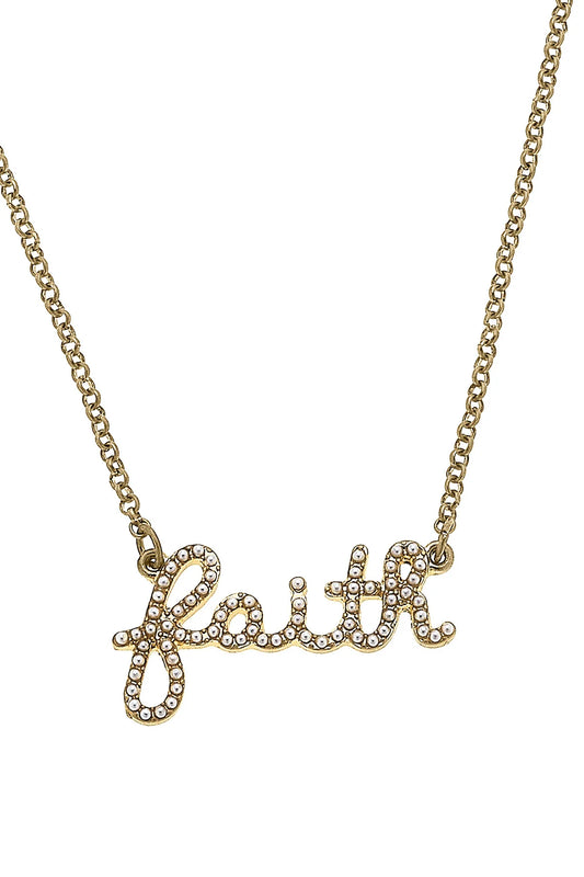 Canvas Faith Pearl Studded Script Necklace in Worn Gold