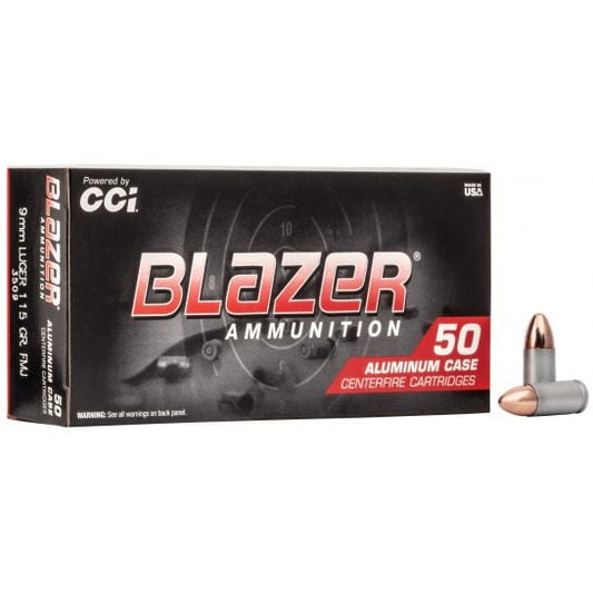 CCI Blazer 9mm 115gr FMJ Aluminum Case Ammunition, 50 Round Box