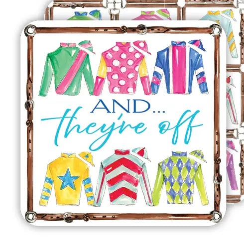 Handpainted and They're Off Jockey Silks Square Coaster