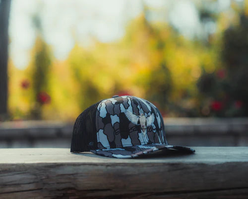 East Coast Waterfowl Decoying Dove Logo Hat, Custom Old School Camo 7 Panel