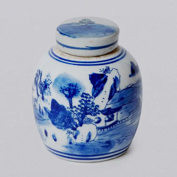 Blue and White Porcelain Mini Landscape Round Storage Jar
