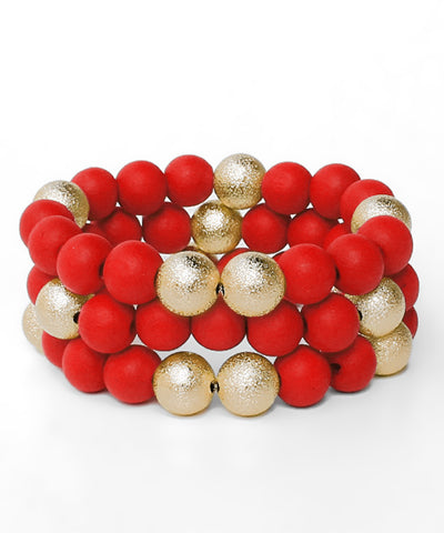 3 Wood & CCB Bracelets, Red Gold