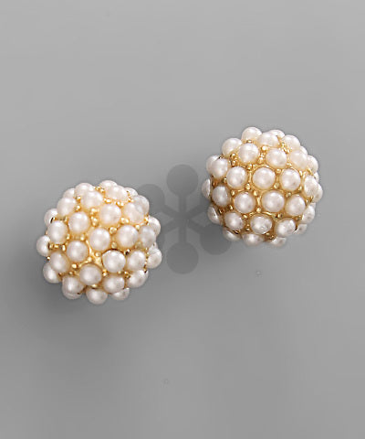 10mm Paved Pearl Ball Post Earring- WhitePearl