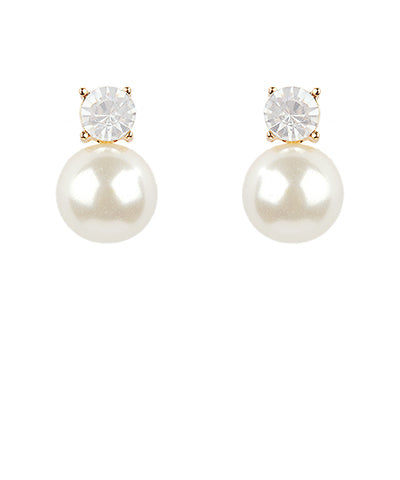 Round Cry w/Round Pearl Drop, Post Earring- CreamPearl/Clear/Gold