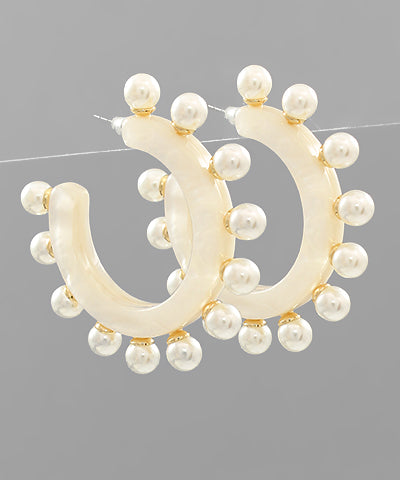 Large Pearl Studded Acetate Hoops- White