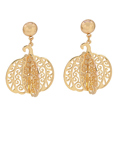 3D Filigree Pumpkin Earrings, Gold