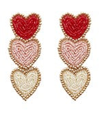 3 Beaded Heart Earrings, Red