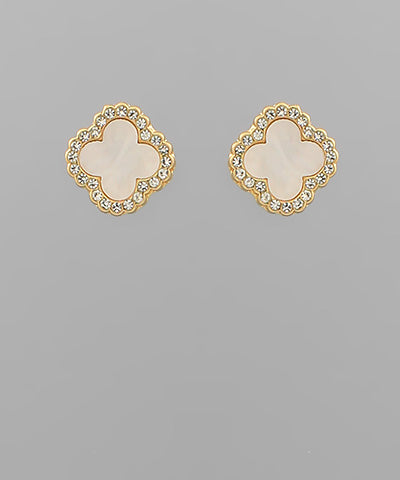 Pave Outline Clover Studs- White/Gold
