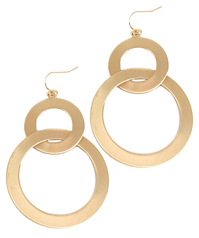 Double Circle Link Metal Earrings, Gold
