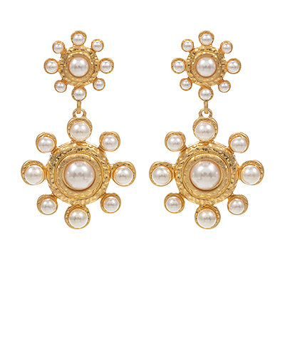 Linked Double Flower Earrings, Vintage gold/Cream