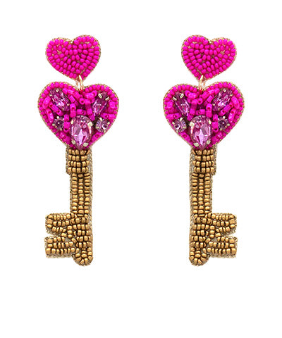 Heart Key Beads Drop Earrings, Fuchsia