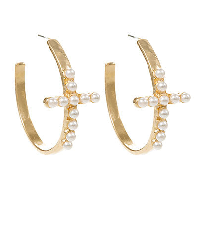 Pearl Cross Accent Brass Hoops, Cream/Gold