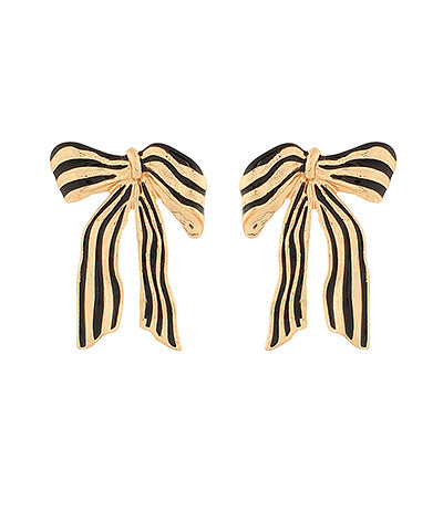 Striped Ribbon Enamel Earrings, Black/Gold