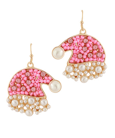 Christmas Hat w/Pearl Earrings, Pink/Gold